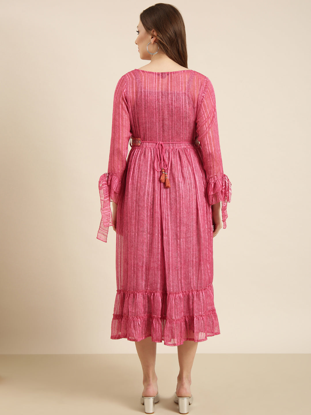 Women's Pink Floral Shoulder Straps Fit And Flare Dress with Over Coat & Belt