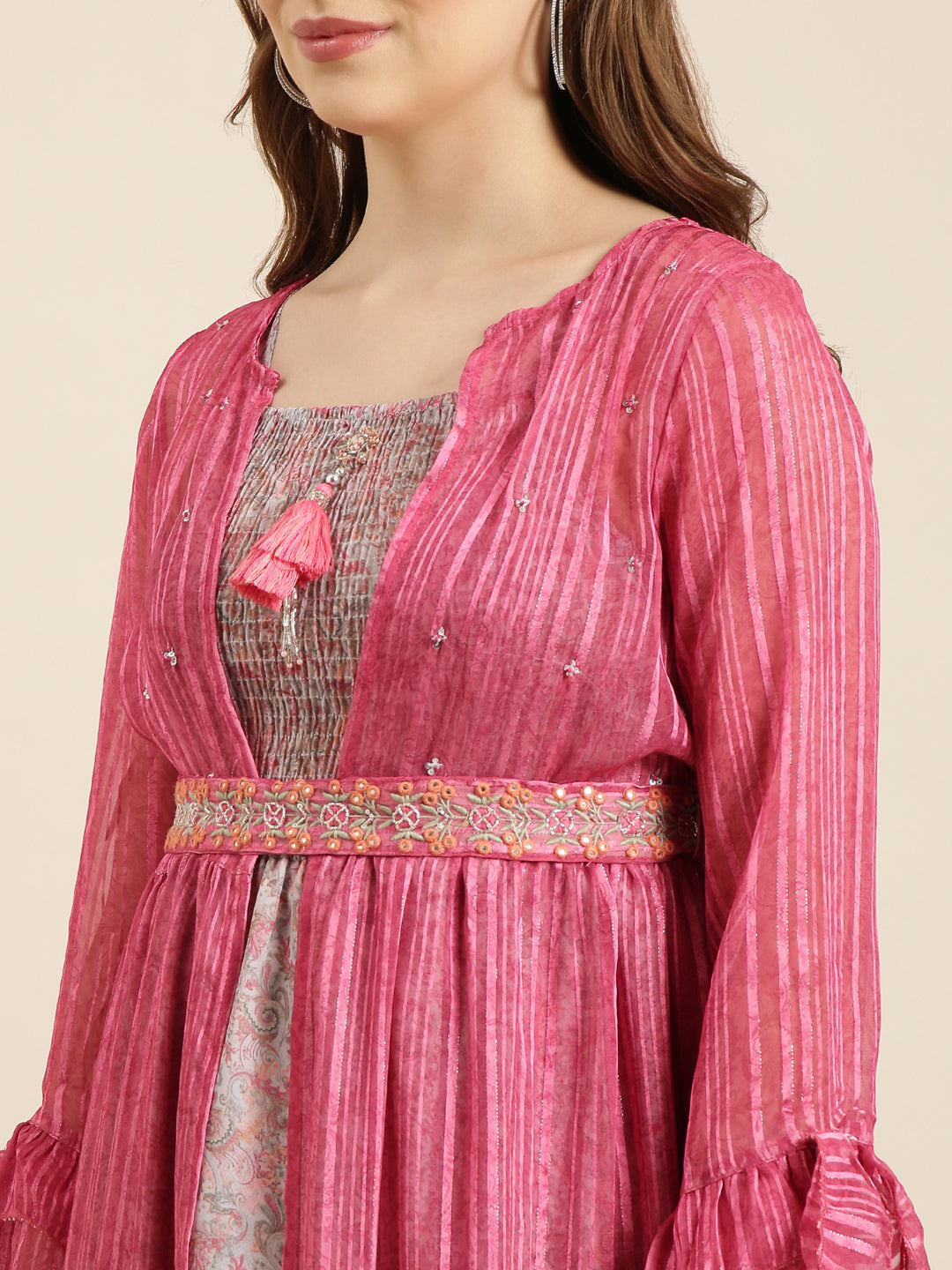 Women's Pink Floral Shoulder Straps Fit And Flare Dress with Over Coat & Belt