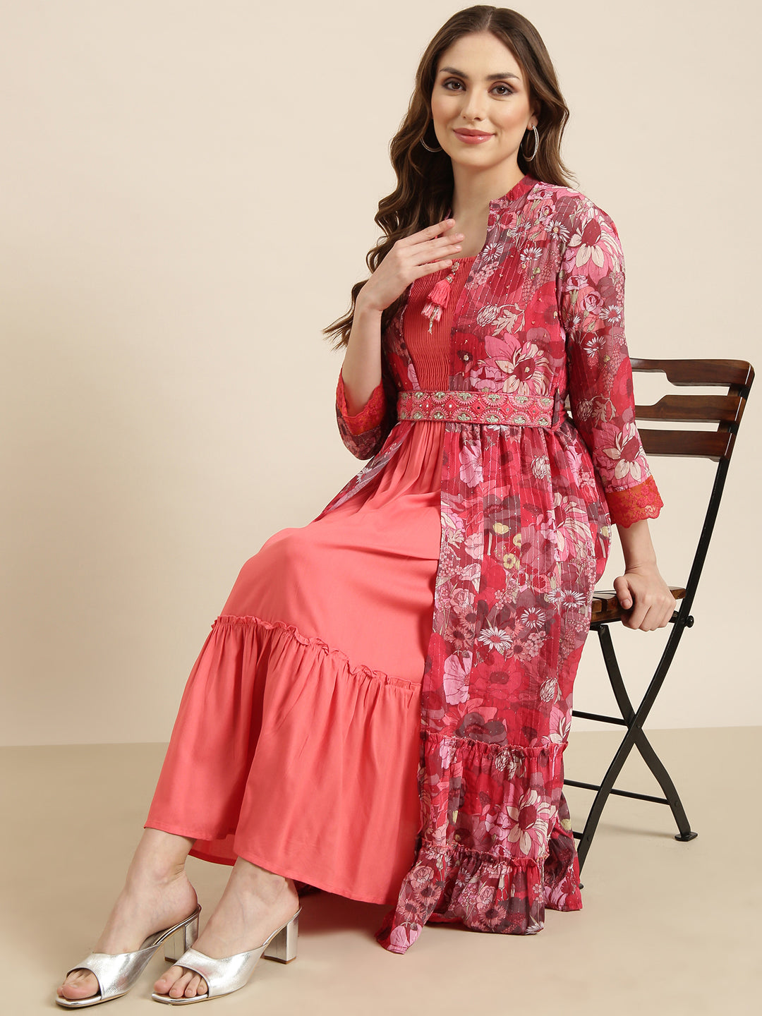 Women's Peach Floral Shoulder Straps Cotton Fit And Flare Dress