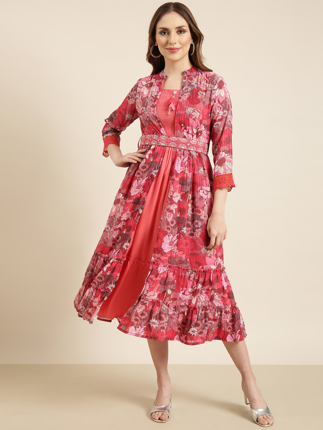 Women's Peach Floral Shoulder Straps Cotton Fit And Flare Dress
