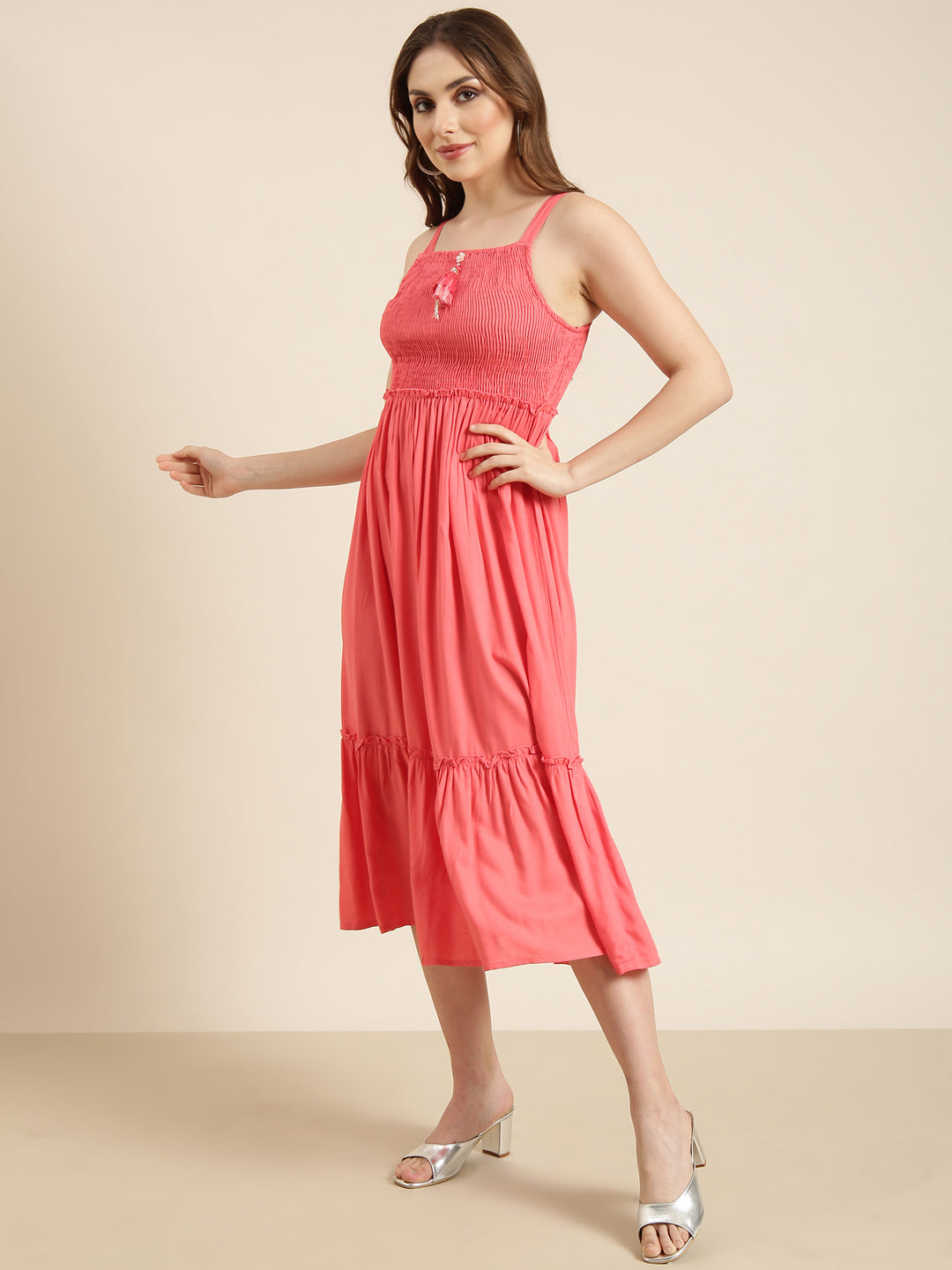 Women's Peach Floral Shoulder Straps Cotton Fit And Flare Dress