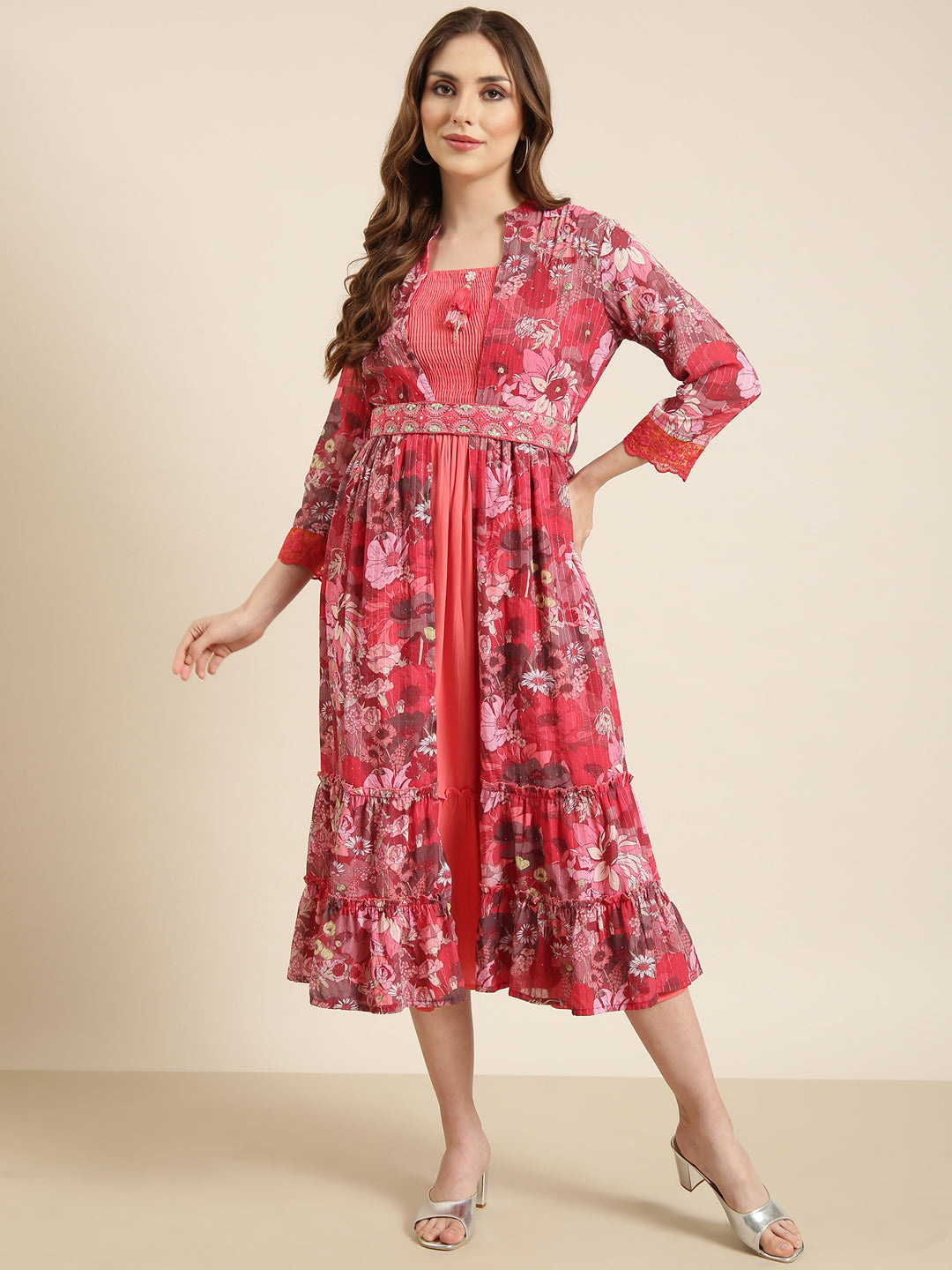 Women's Peach Floral Shoulder Straps Cotton Fit And Flare Dress