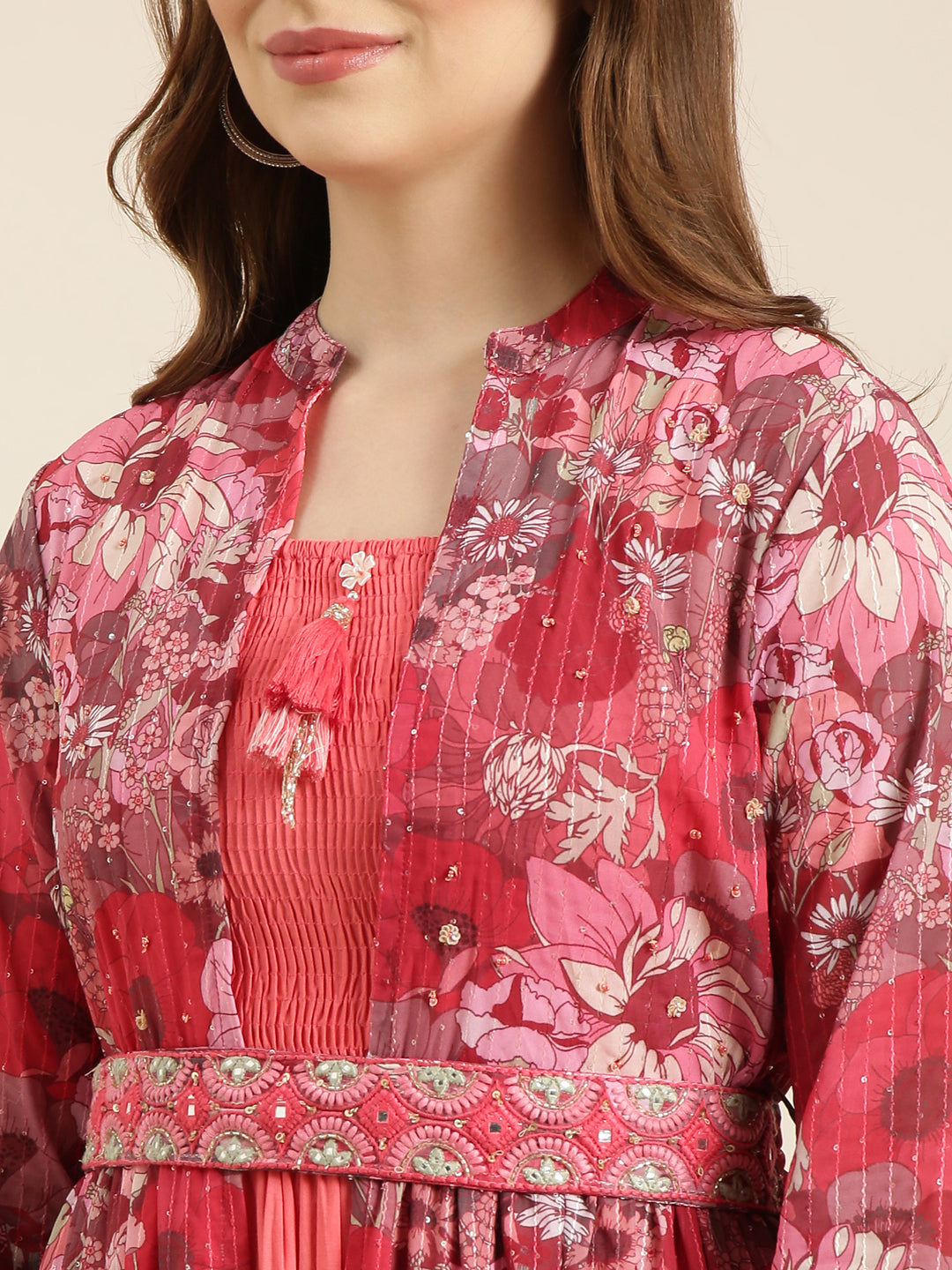 Women's Peach Floral Shoulder Straps Cotton Fit And Flare Dress