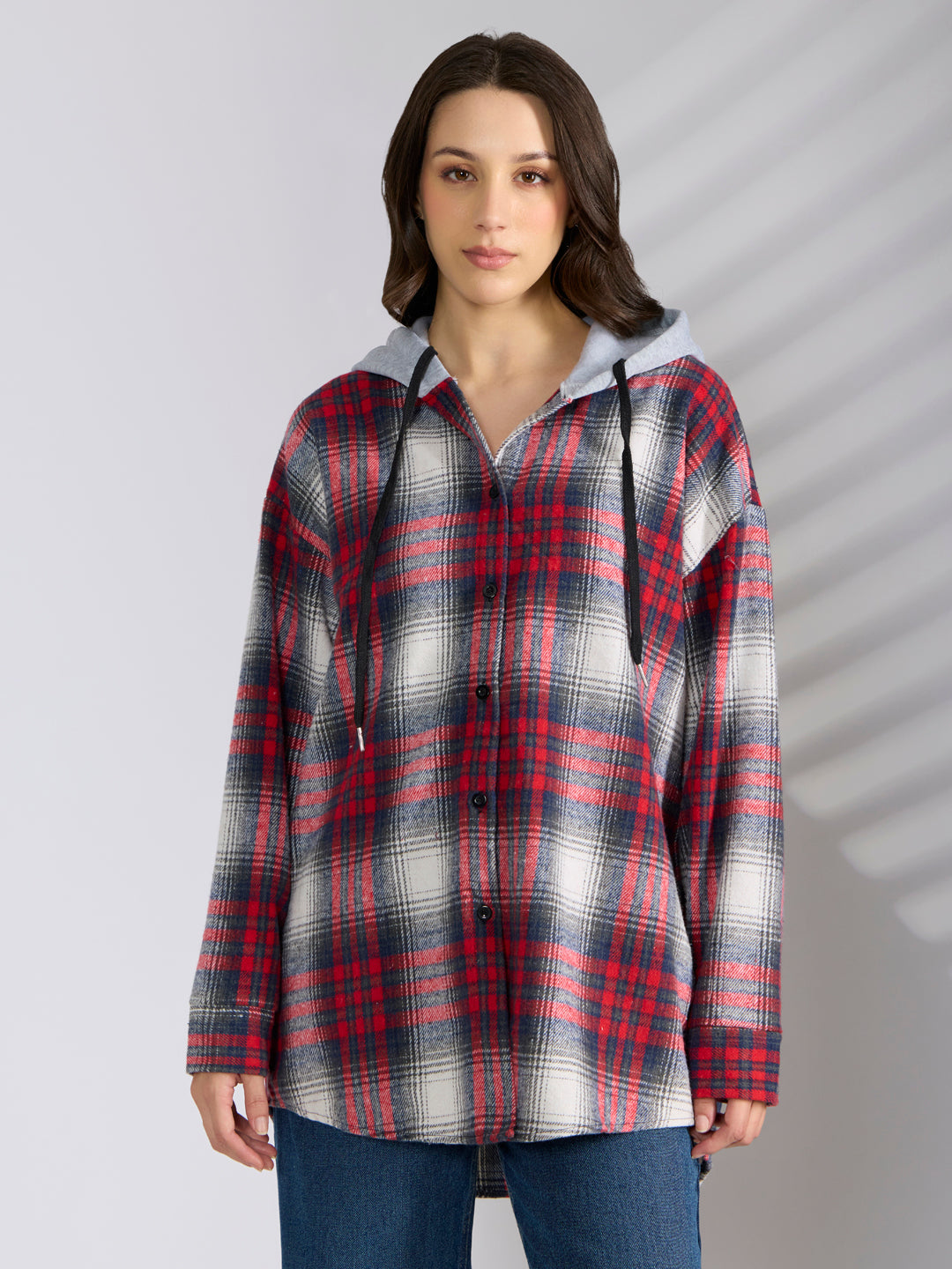 Women's Checked Red Hooded Oversized Shirts