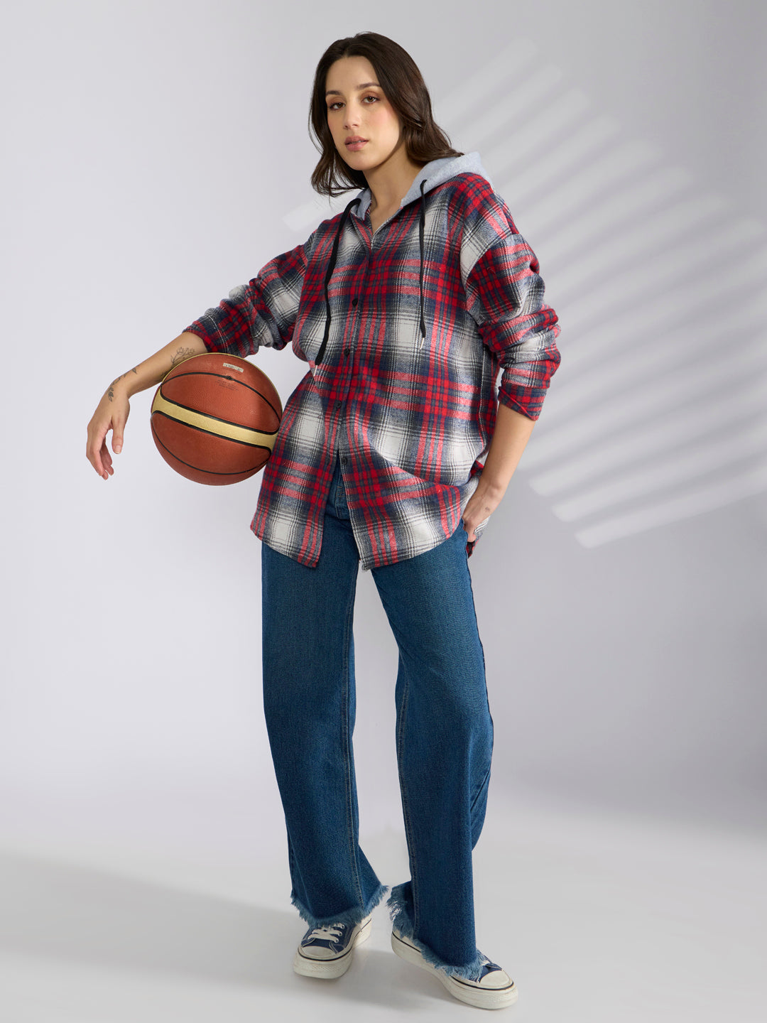 Women's Checked Red Hooded Oversized Shirts