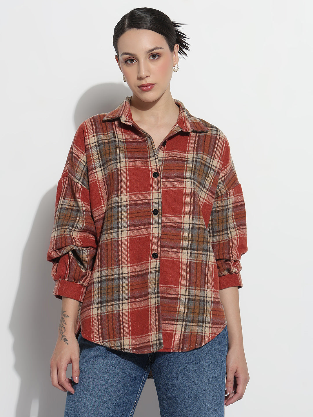 Women's Tartan Checks Red Oversized Shirt