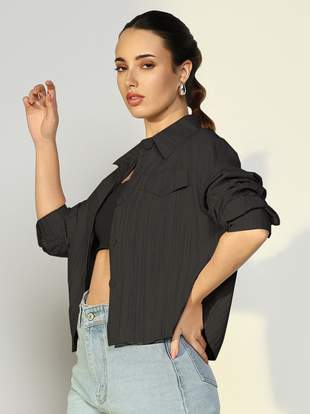 Women's Solid Black Casual Jacket