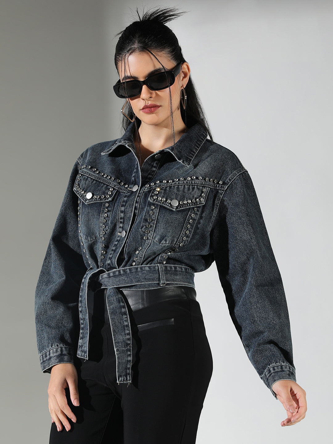 Women's Embellished Navy Blue Crop Denim Jacket with Studs