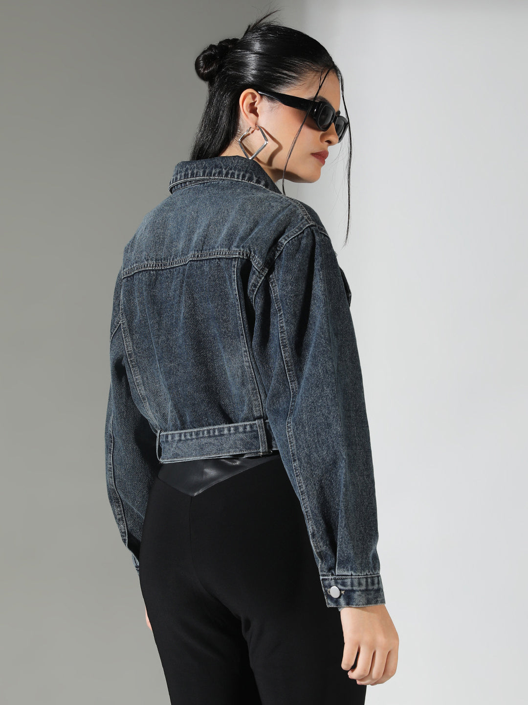 Women's Embellished Navy Blue Crop Denim Jacket with Studs