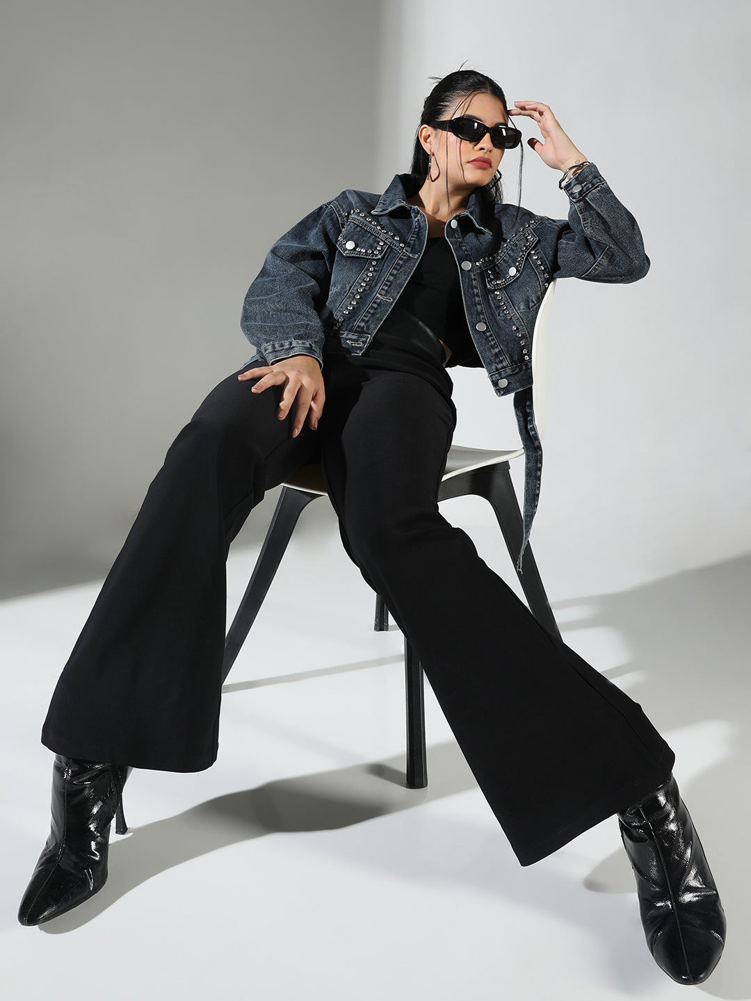 Women's Embellished Navy Blue Crop Denim Jacket with Studs