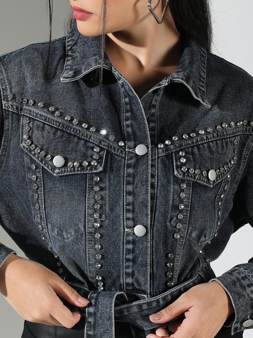 Women's Embellished Navy Blue Crop Denim Jacket with Studs