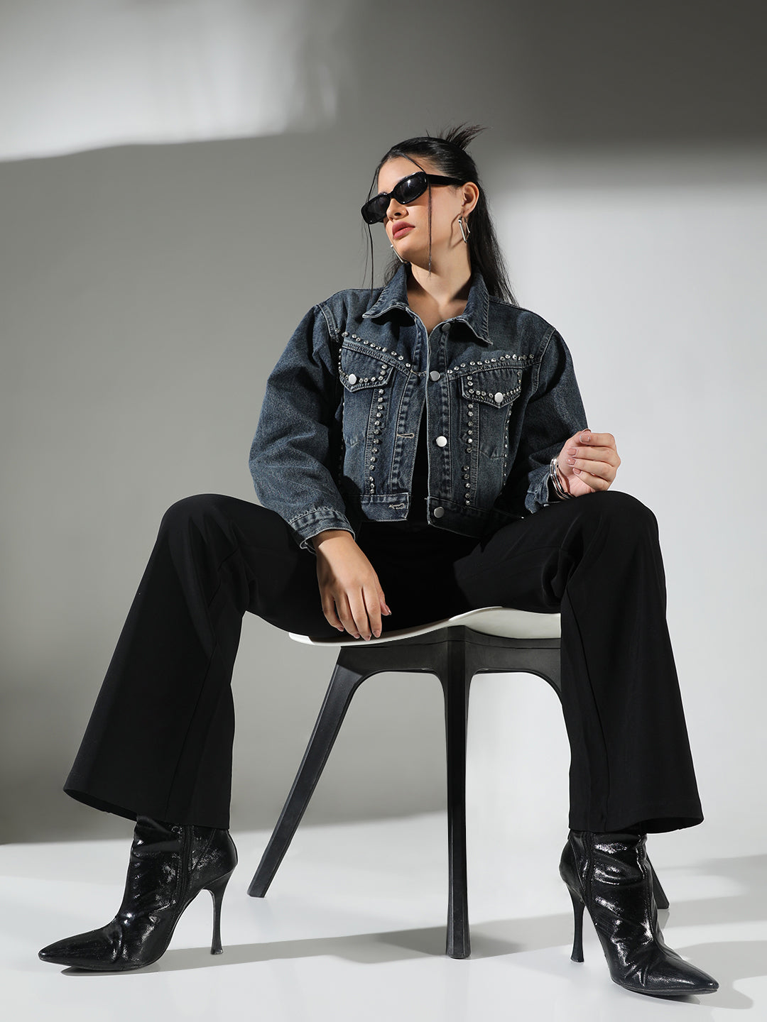 Women's Embellished Navy Blue Crop Denim Jacket with Studs