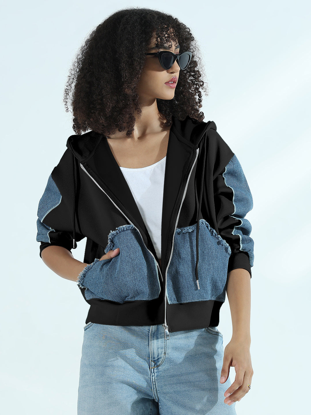 Women's Black Zip-Up Hoodie with Frayed Denim Patches