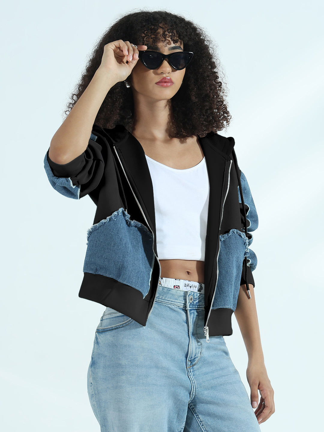 Women's Black Zip-Up Hoodie with Frayed Denim Patches
