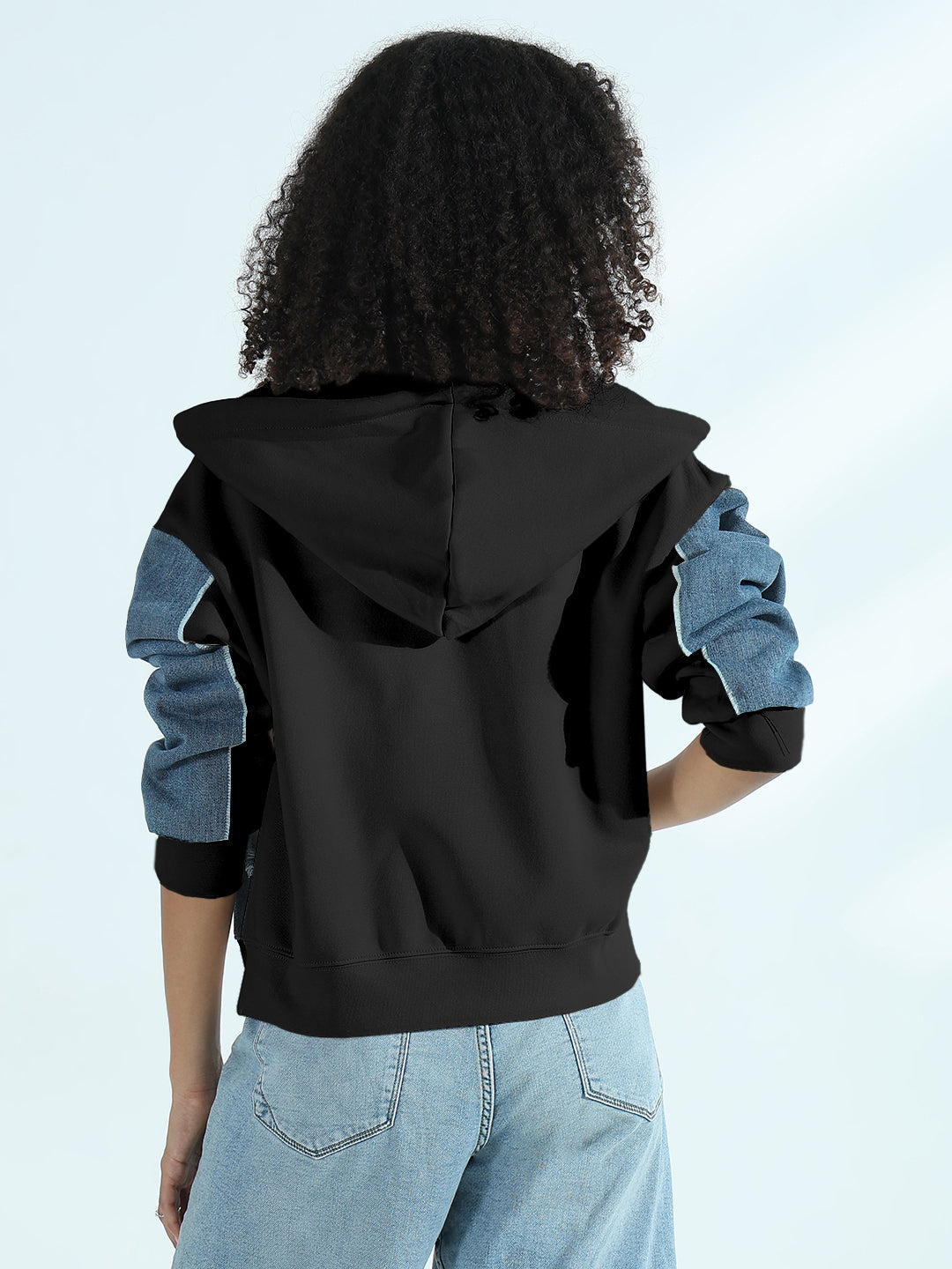 Women's Black Zip-Up Hoodie with Frayed Denim Patches
