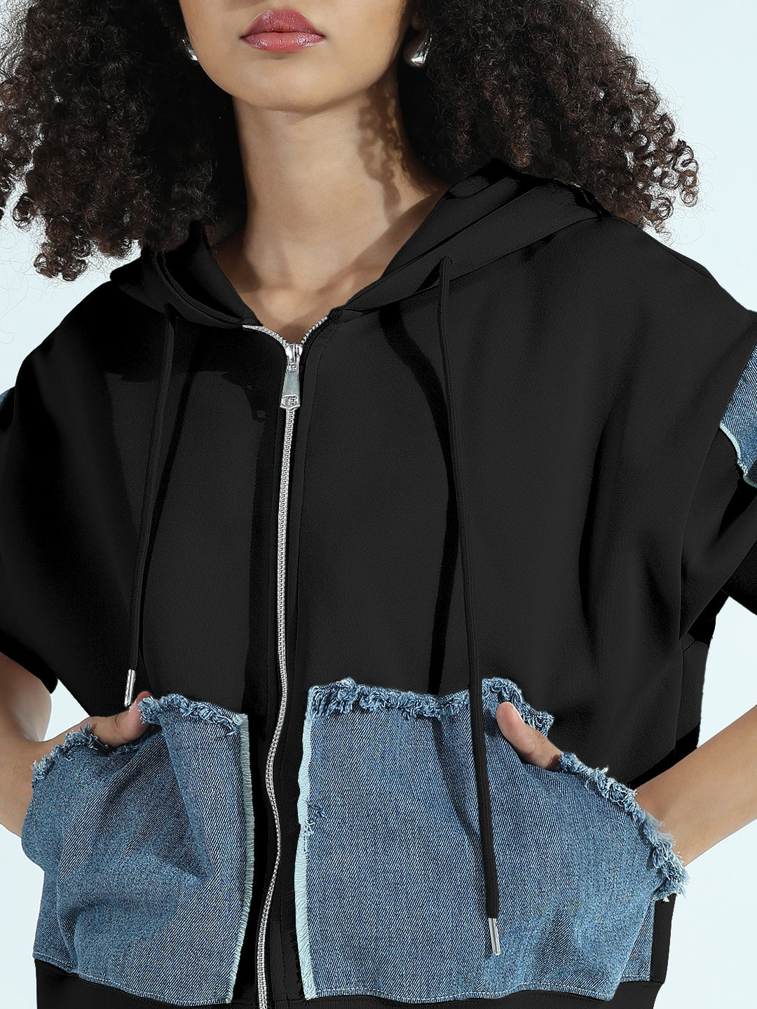 Women's Black Zip-Up Hoodie with Frayed Denim Patches