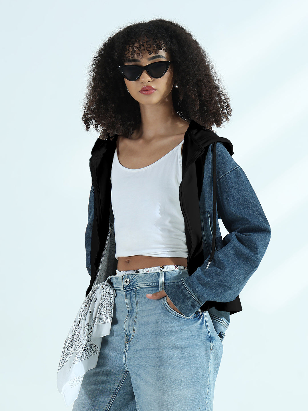 Women's Black and Denim Zip-Up Hoodie Jacket
