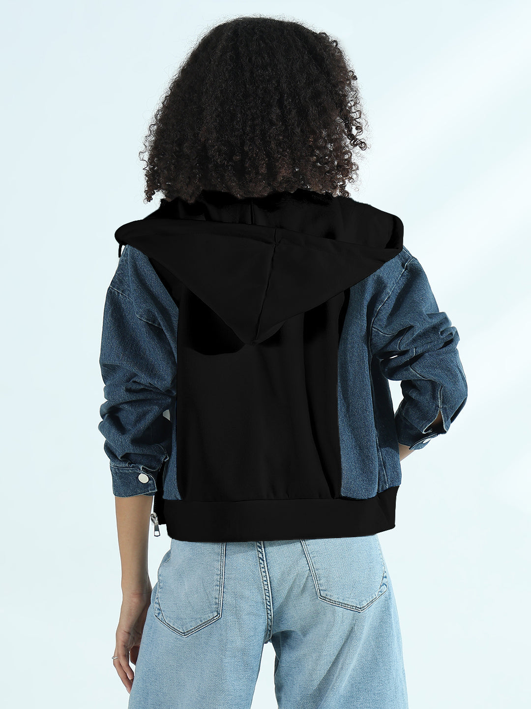 Women's Black and Denim Zip-Up Hoodie Jacket