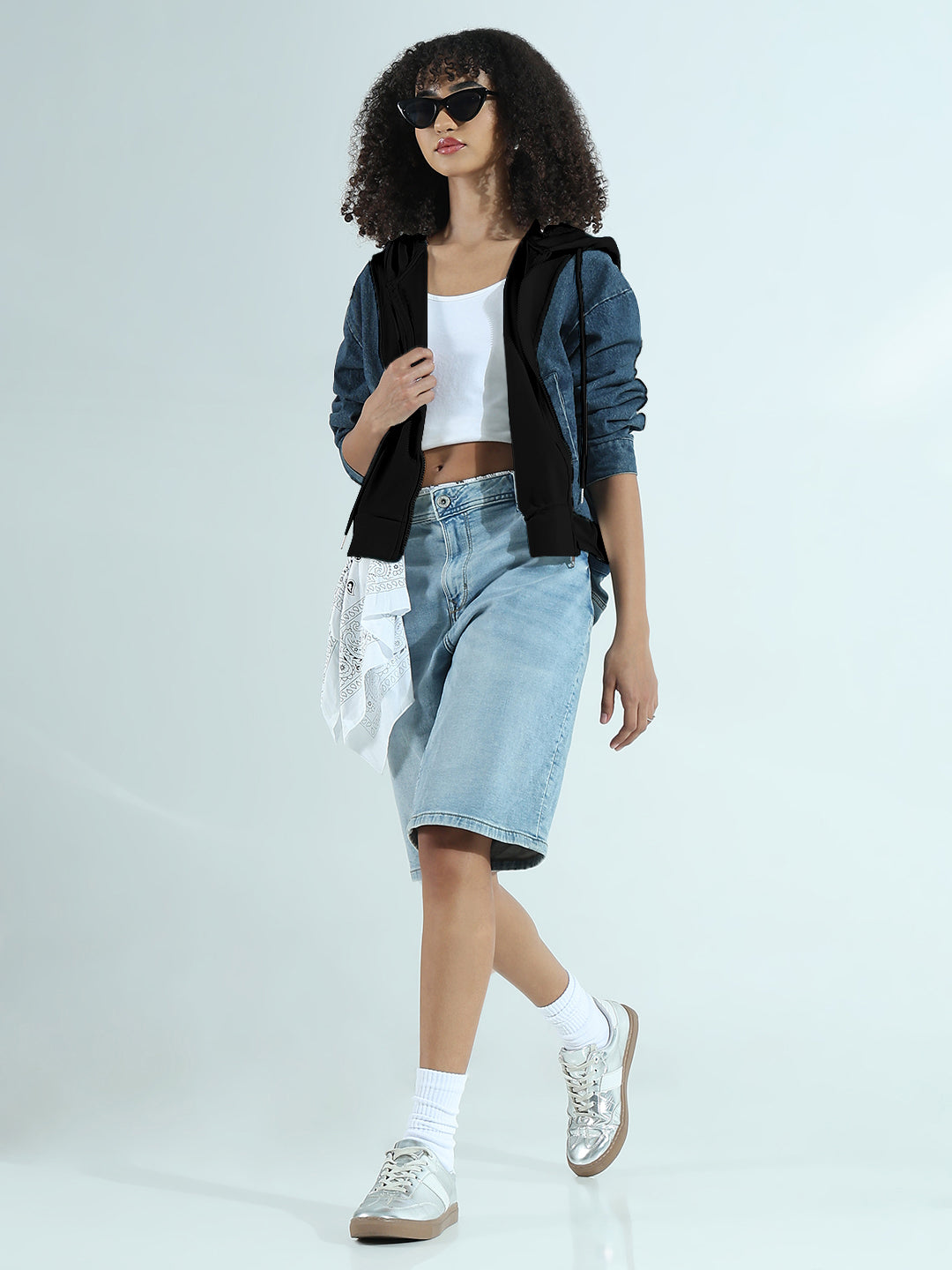 Women's Black and Denim Zip-Up Hoodie Jacket