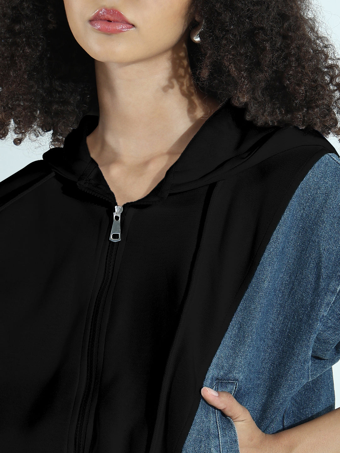 Women's Black and Denim Zip-Up Hoodie Jacket