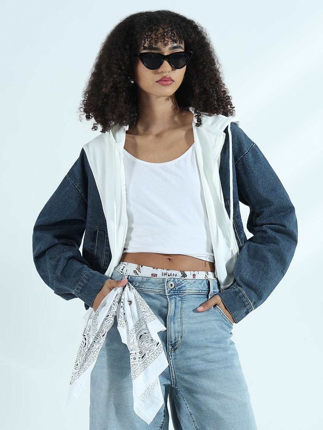 Women's White and Denim Zip-Up Hoodie Jacket