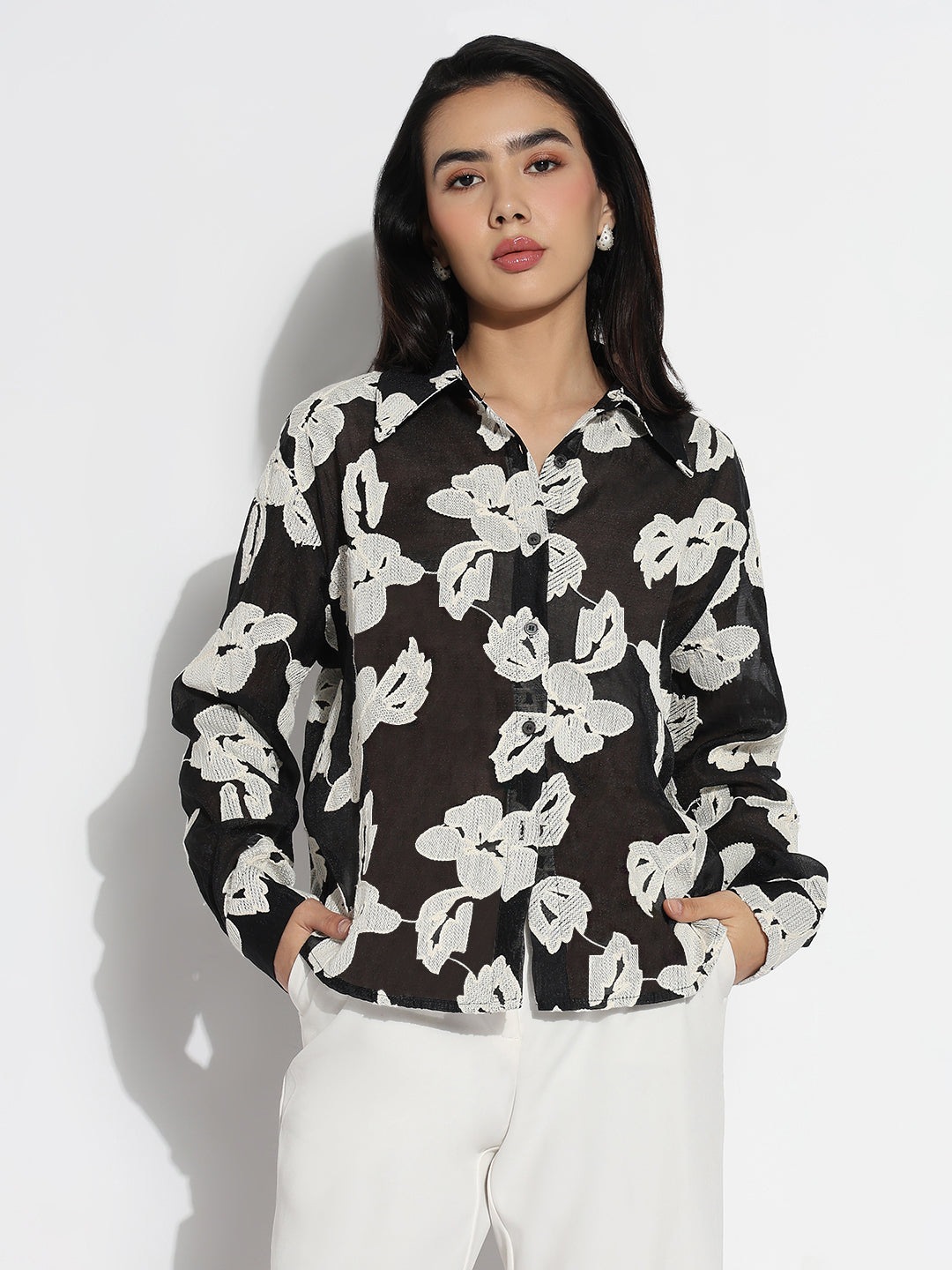 Women's Relaxed Fit Black & White Floral Shirt