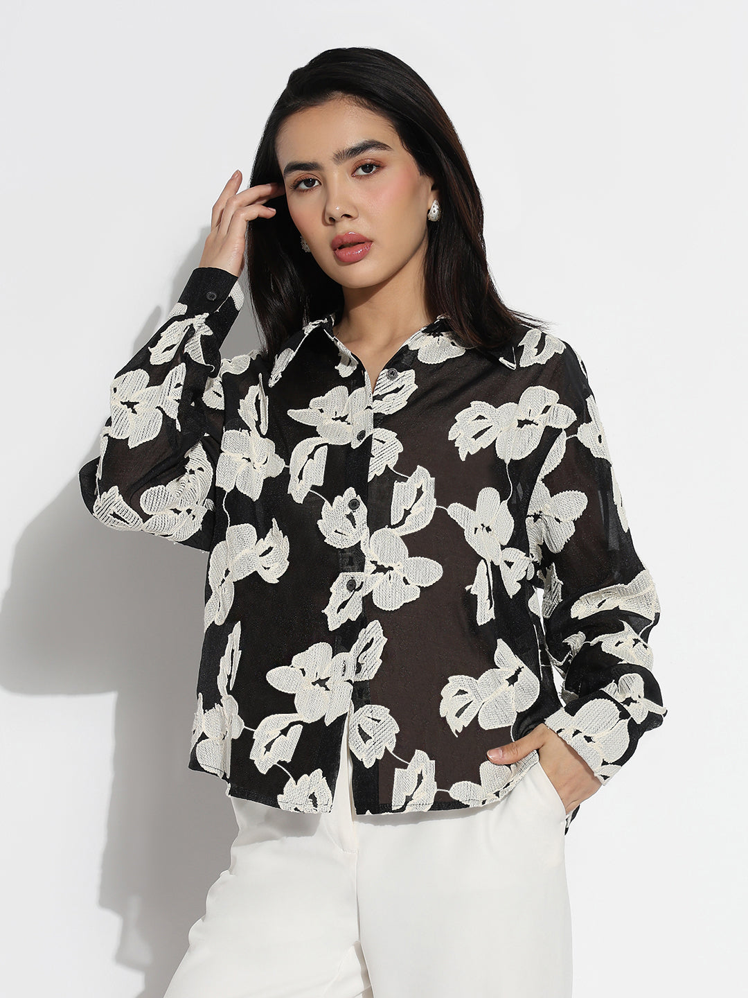 Women's Relaxed Fit Black & White Floral Shirt
