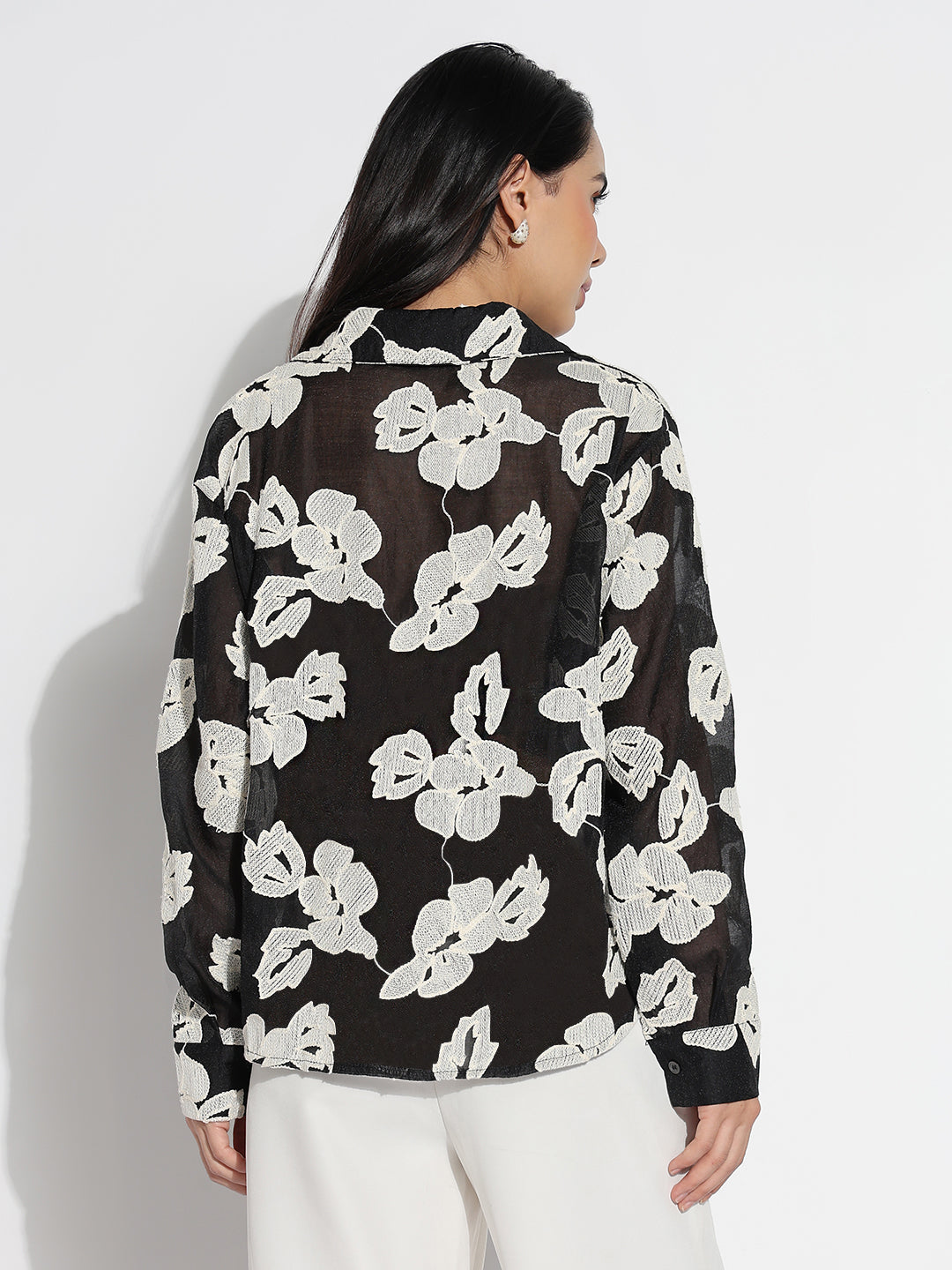 Women's Relaxed Fit Black & White Floral Shirt