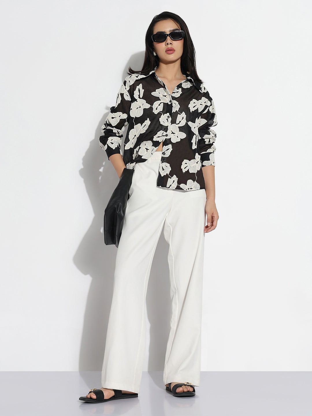 Women's Relaxed Fit Black & White Floral Shirt
