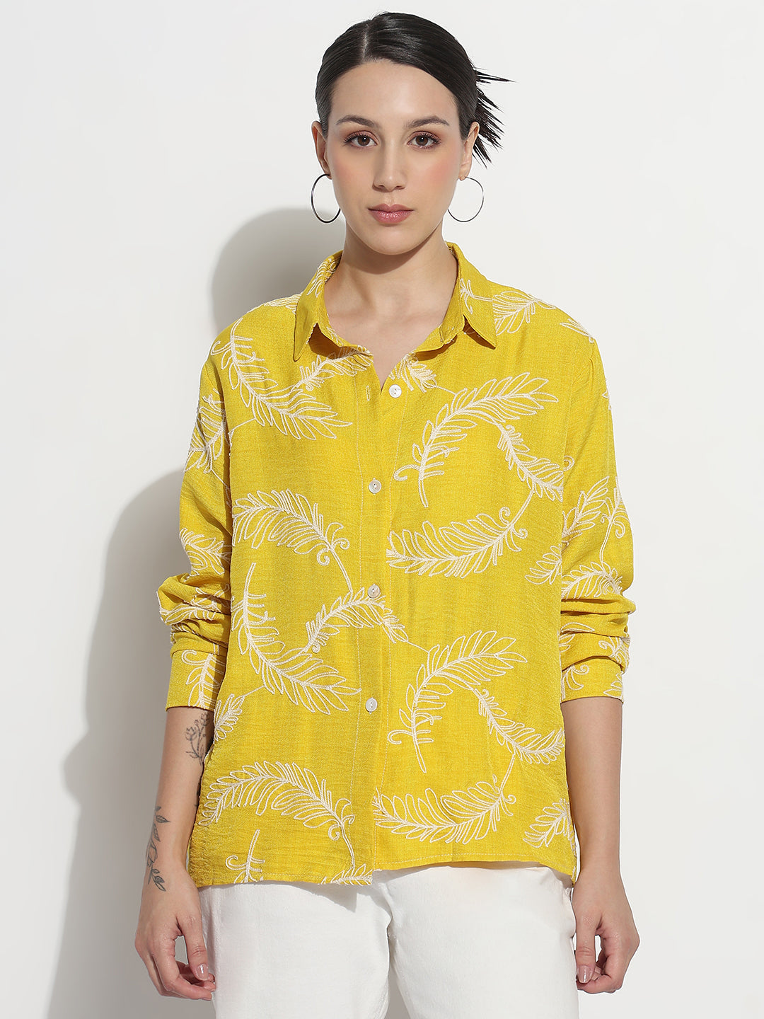 Women's Embdroidery Yellow Regular Fit Shirt