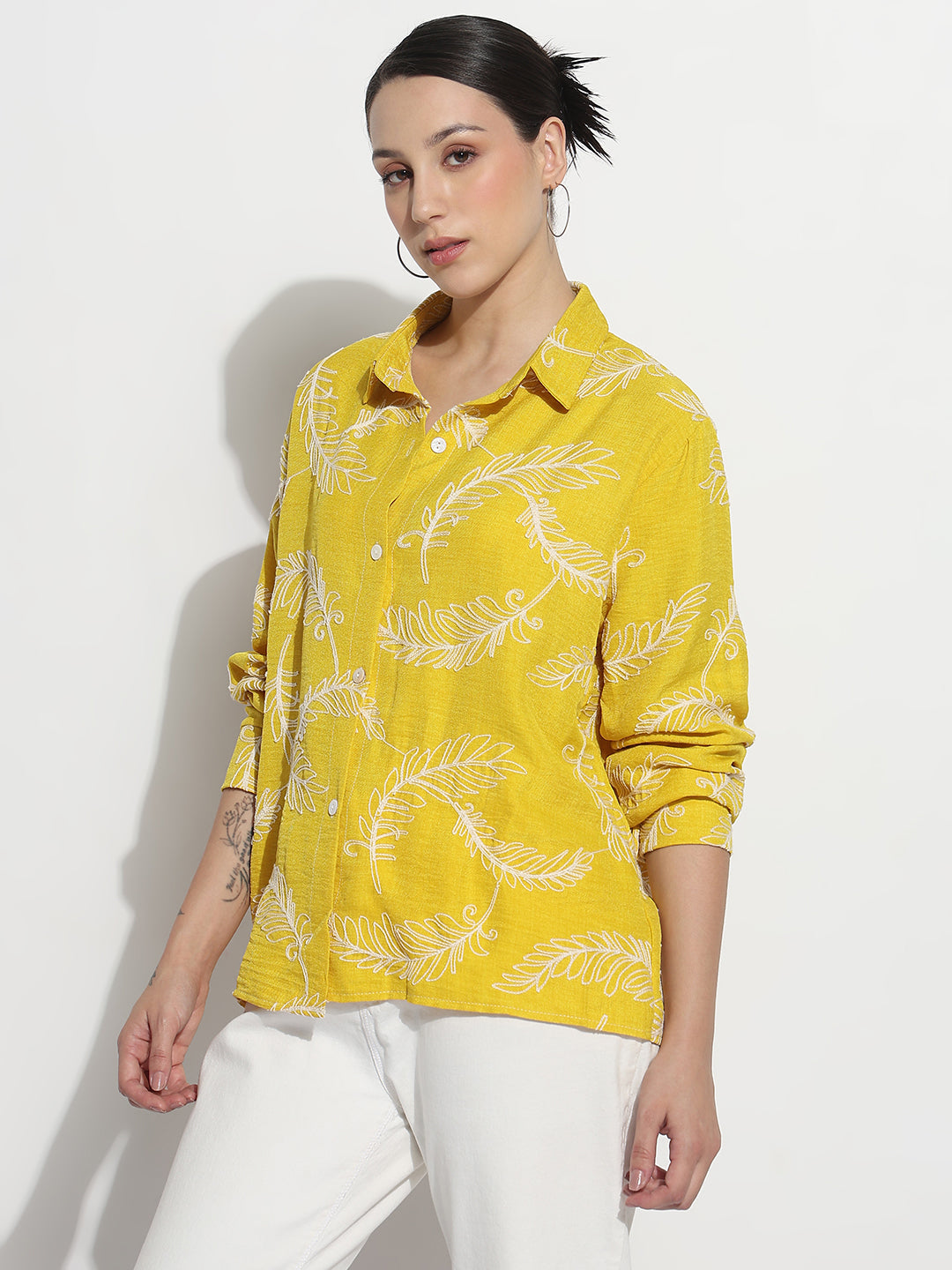 Women's Embdroidery Yellow Regular Fit Shirt