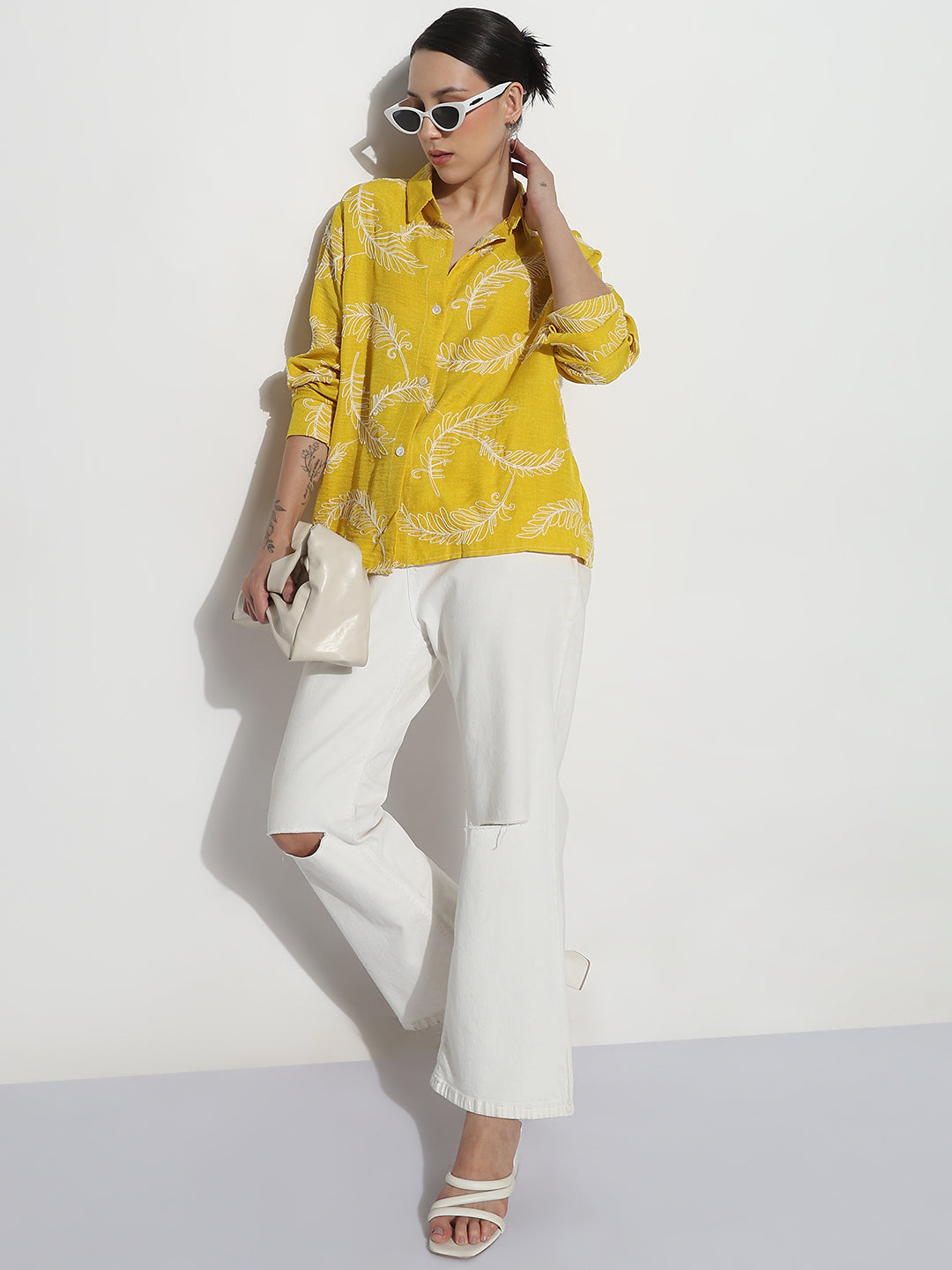 Women's Embdroidery Yellow Regular Fit Shirt