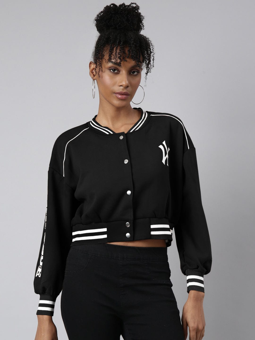 Women's Mandarin Collar Typography Black Crop Oversized Drop Shoulder Varsity Jacket
