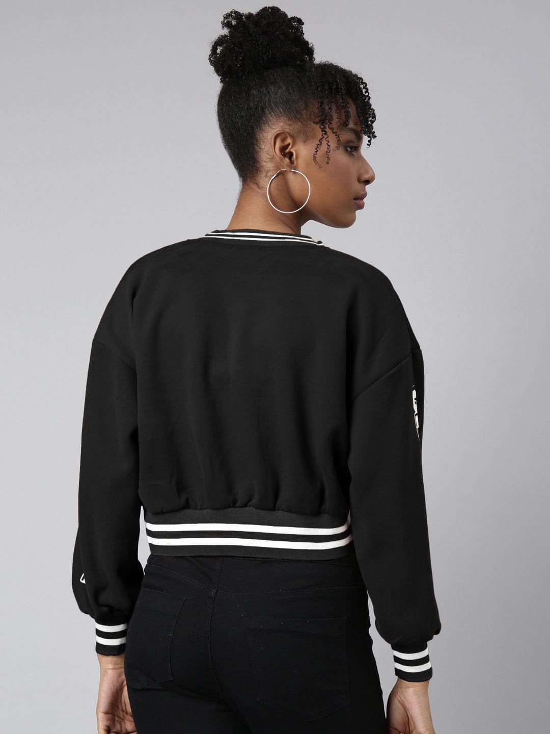 Women's Mandarin Collar Typography Black Crop Oversized Drop Shoulder Varsity Jacket