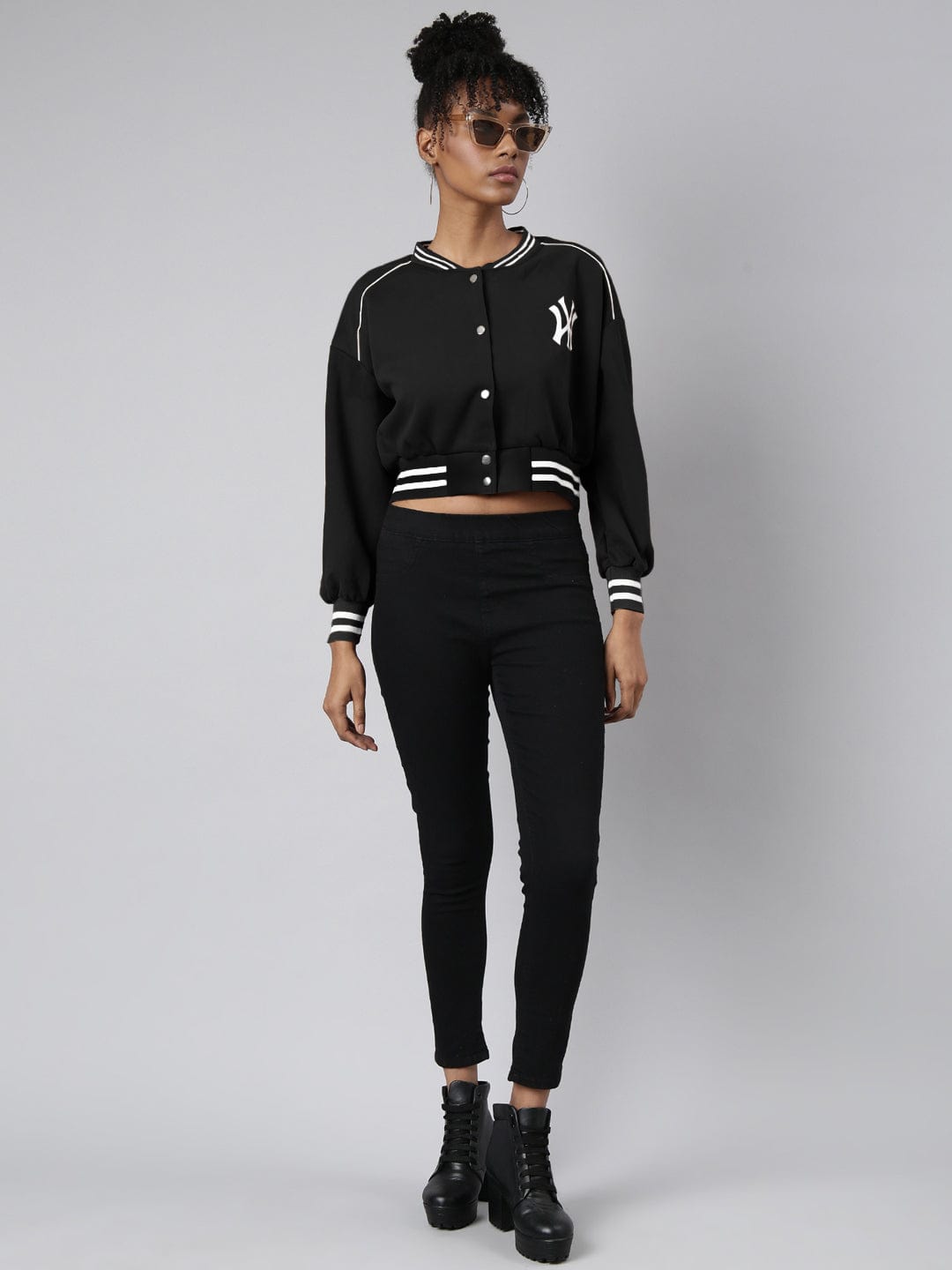 Women's Mandarin Collar Typography Black Crop Oversized Drop Shoulder Varsity Jacket