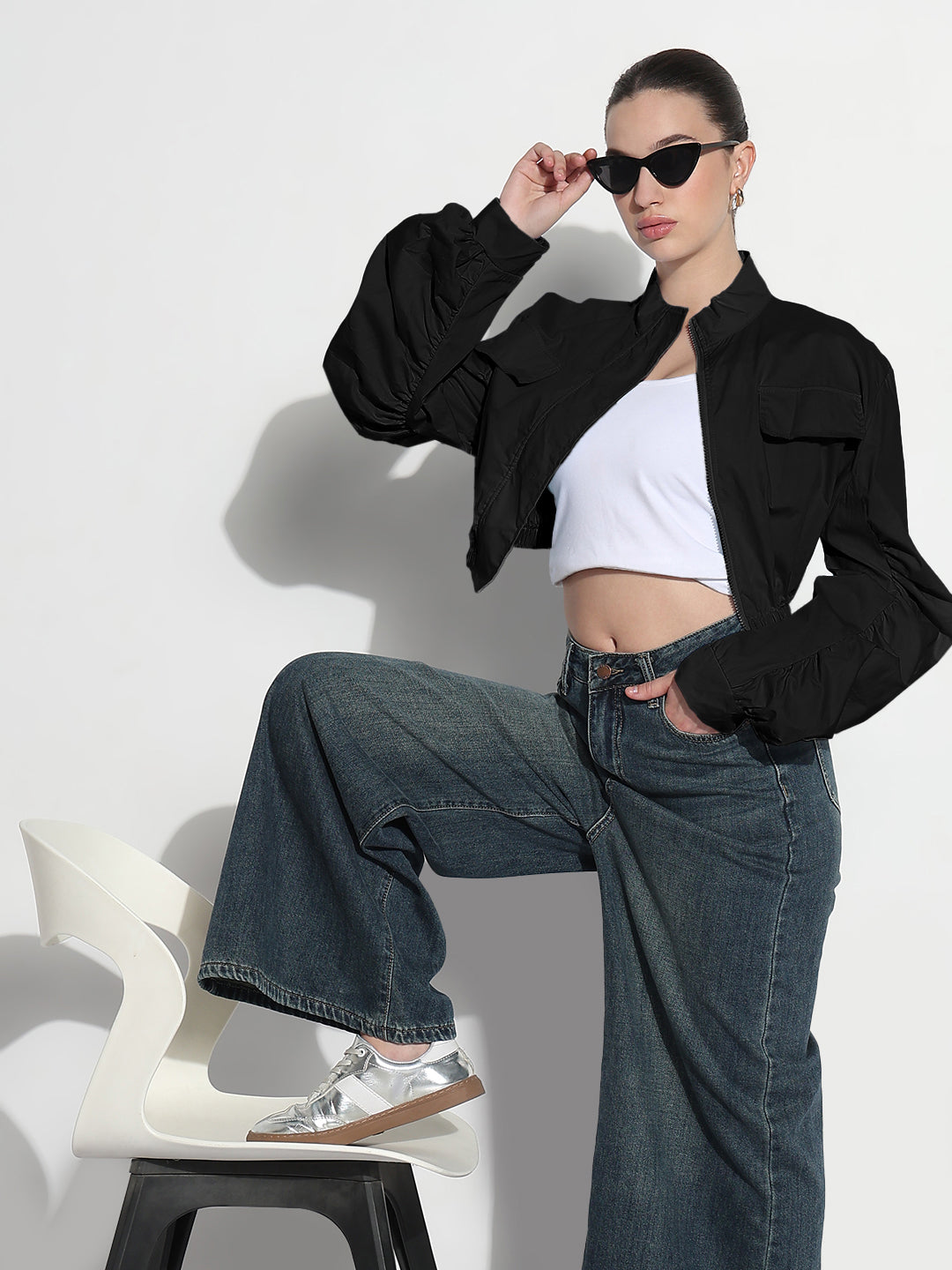 Women's Black Mock Collar Relaxed Fit Zipper Crop Bomber Jacket