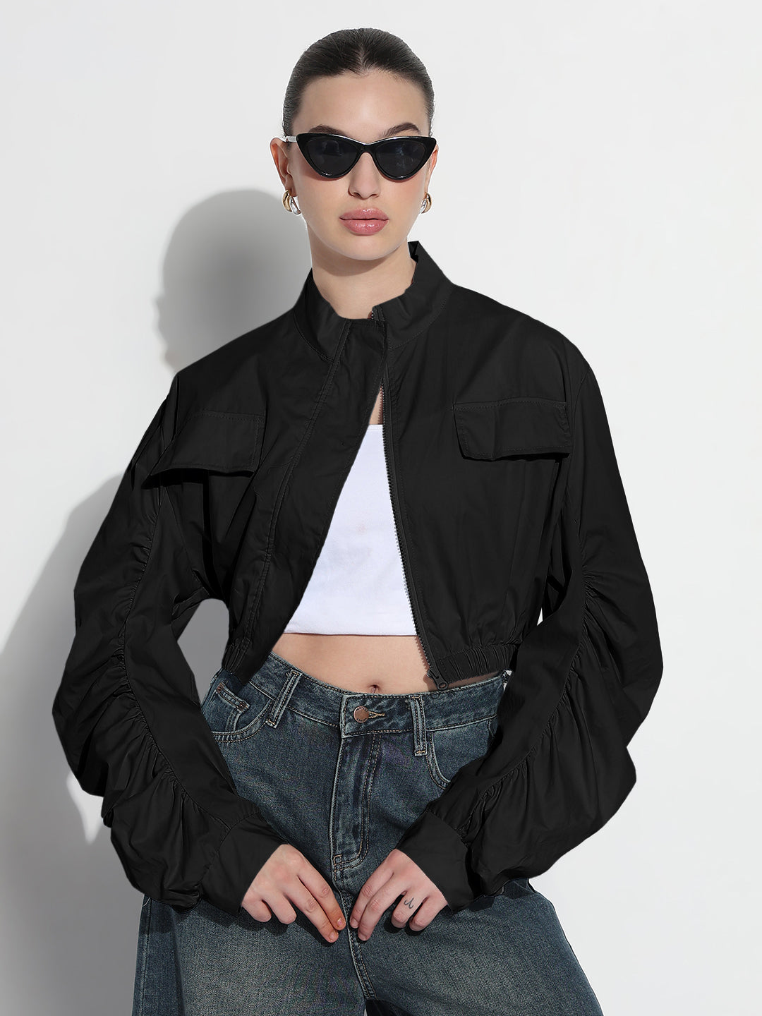 Women's Black Mock Collar Relaxed Fit Zipper Crop Bomber Jacket