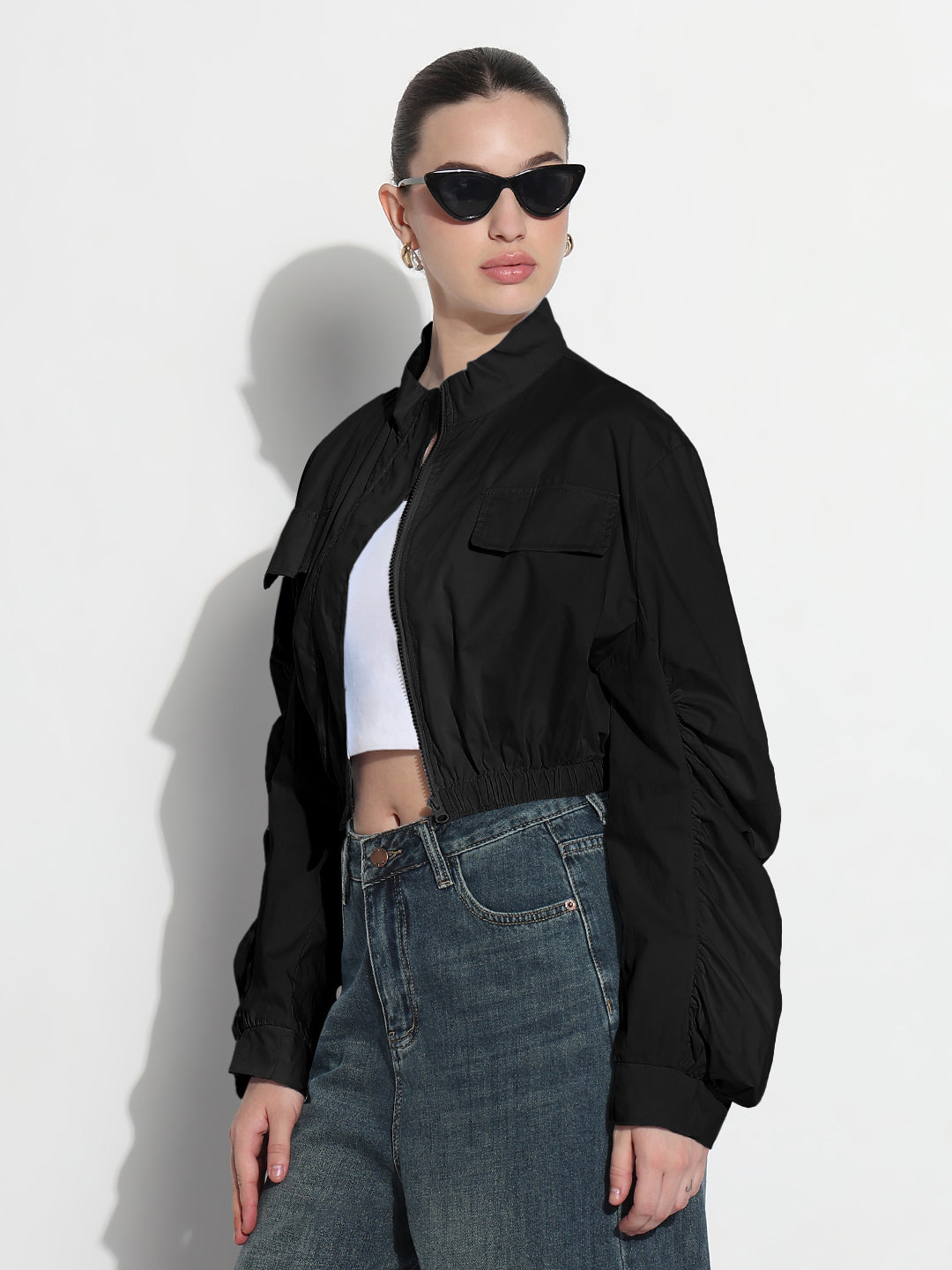 Women's Black Mock Collar Relaxed Fit Zipper Crop Bomber Jacket