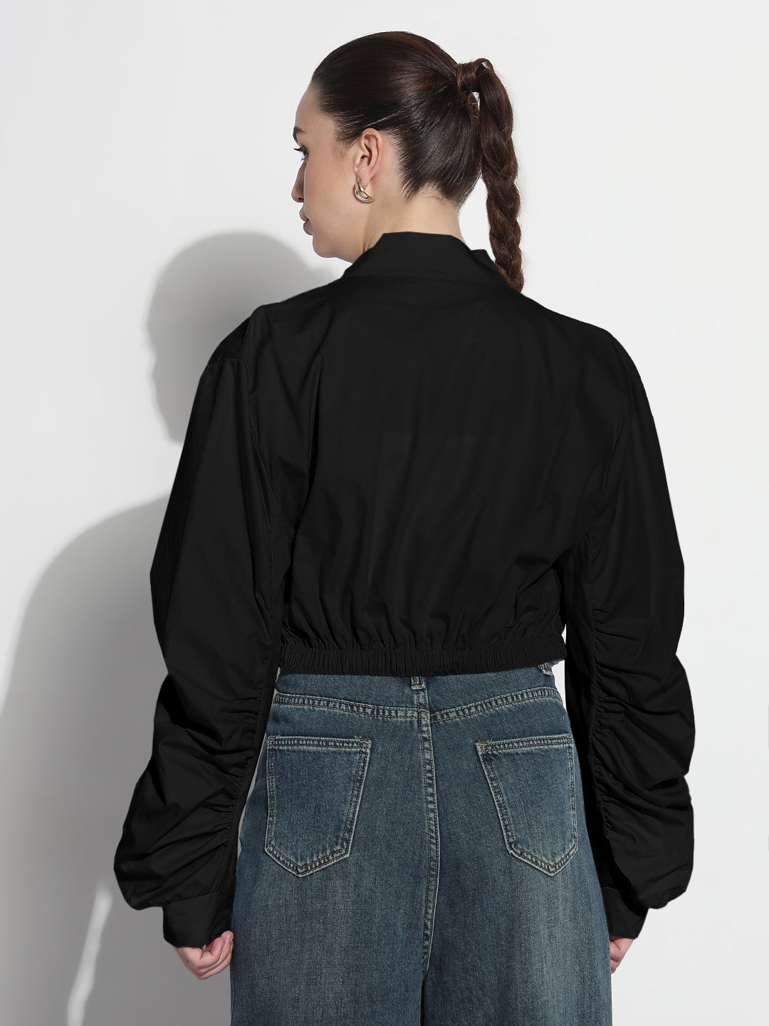 Women's Black Mock Collar Relaxed Fit Zipper Crop Bomber Jacket