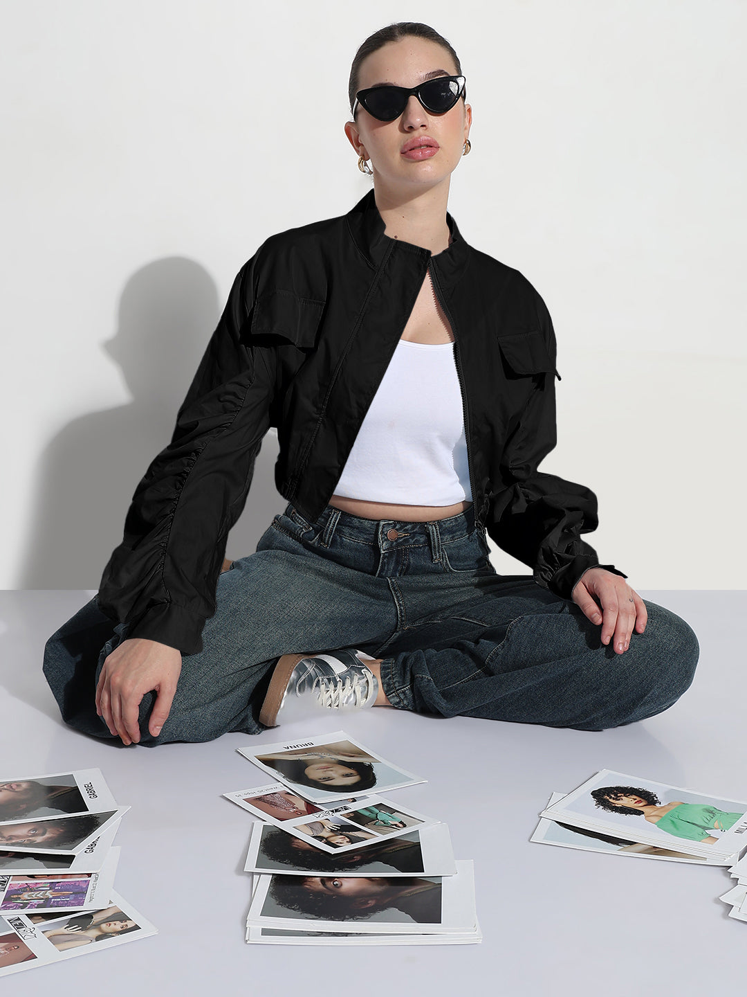 Women's Black Mock Collar Relaxed Fit Zipper Crop Bomber Jacket