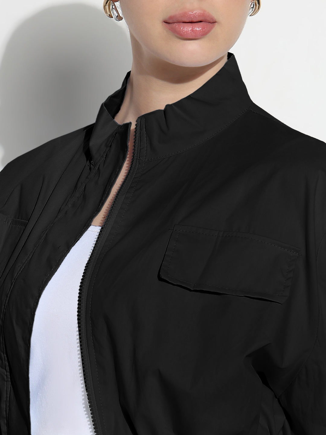 Women's Black Mock Collar Relaxed Fit Zipper Crop Bomber Jacket