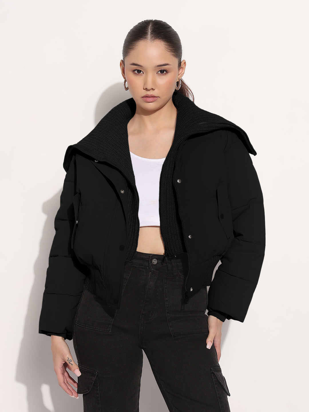 Women's Black Shawl Collar Puffer Jacket