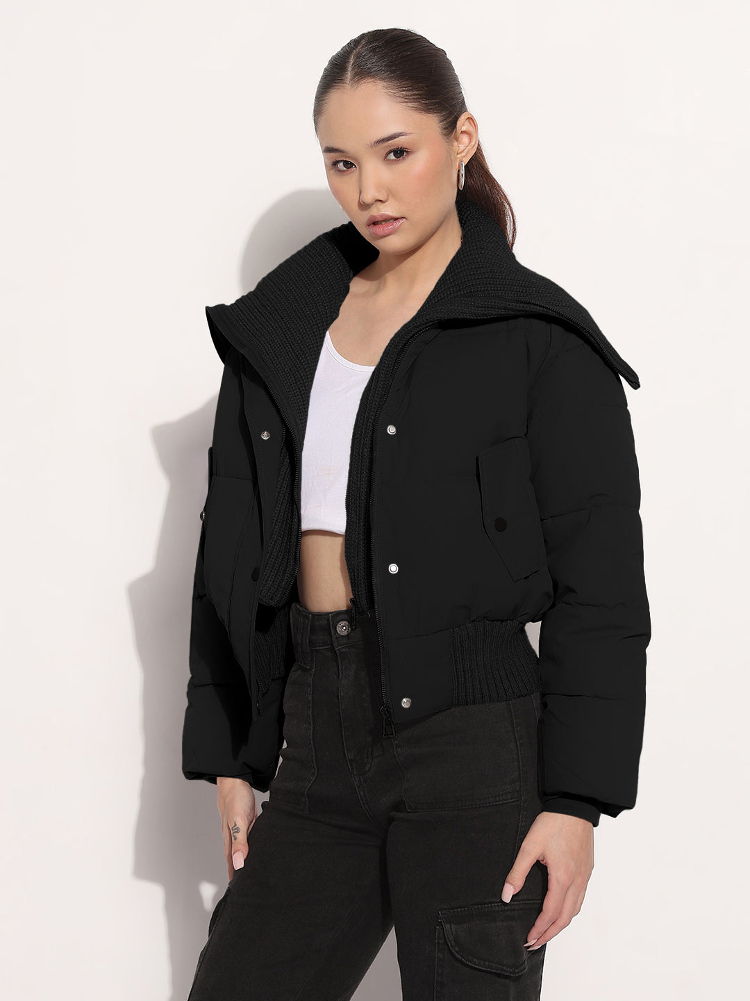 Women's Black Shawl Collar Puffer Jacket