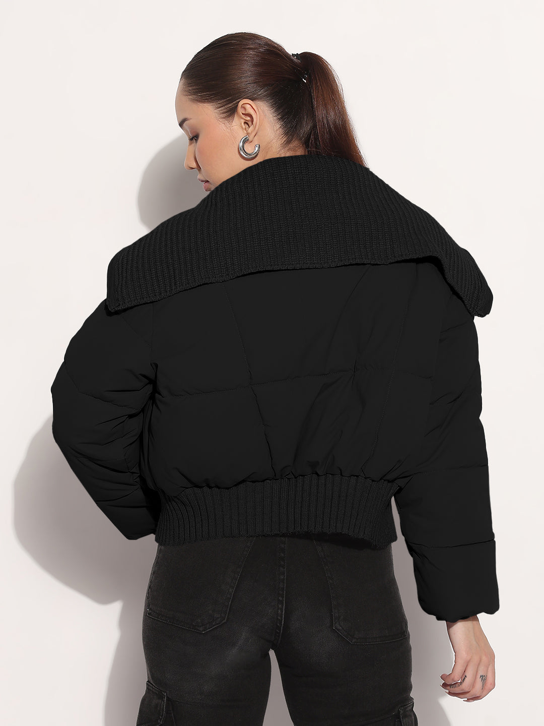 Women's Black Shawl Collar Puffer Jacket