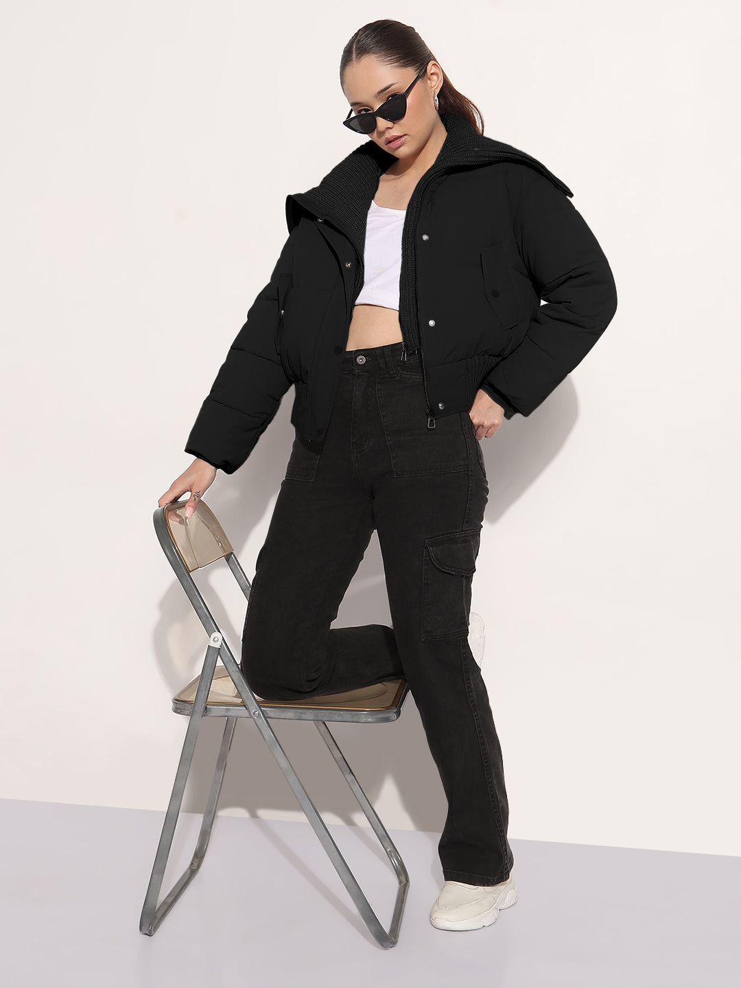 Women's Black Shawl Collar Puffer Jacket