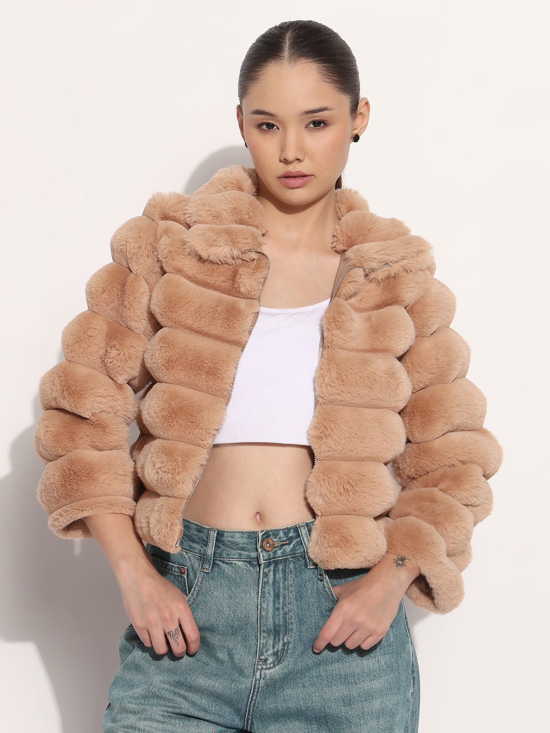 Women's Brown High Neck Faux Fur Puffer Jacket