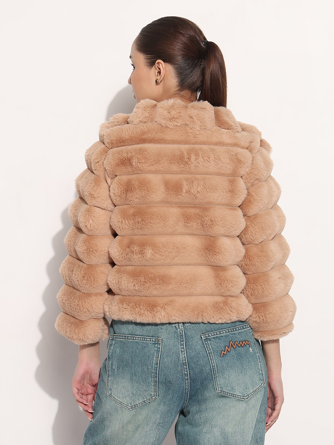 Women's Brown High Neck Faux Fur Puffer Jacket