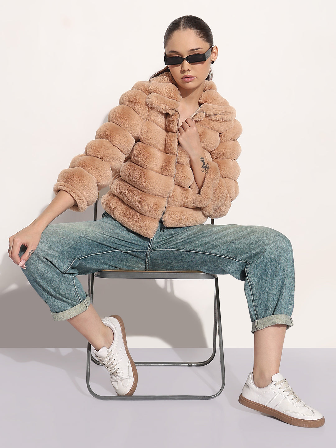 Women's Brown High Neck Faux Fur Puffer Jacket