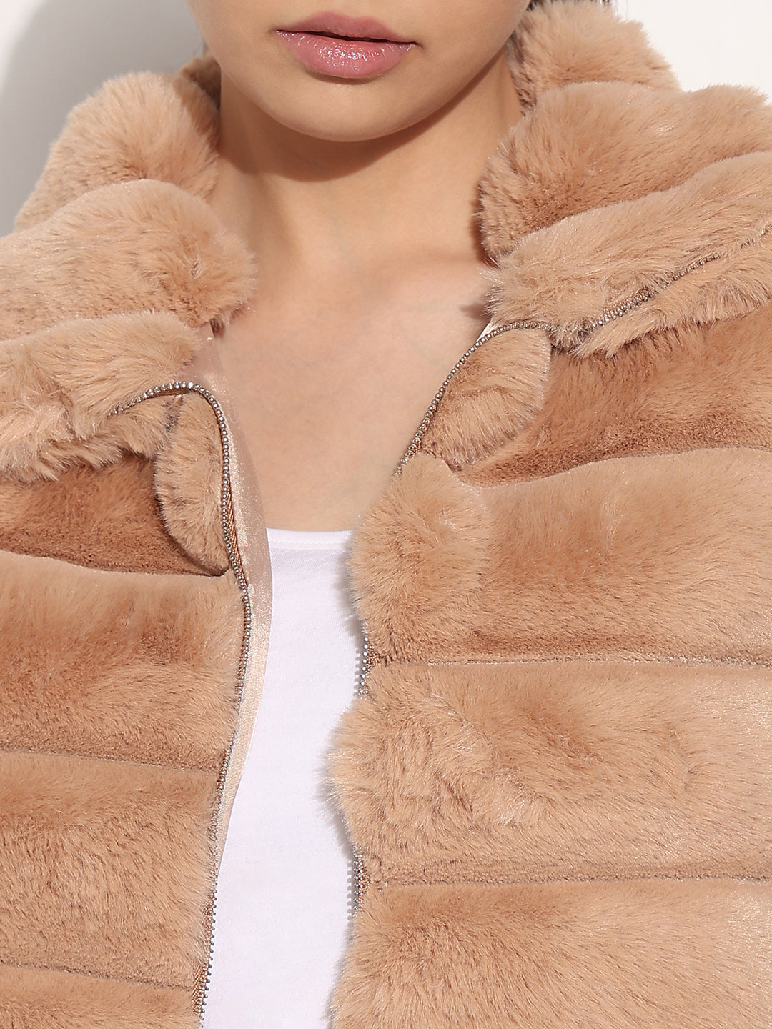 Women's Brown High Neck Faux Fur Puffer Jacket