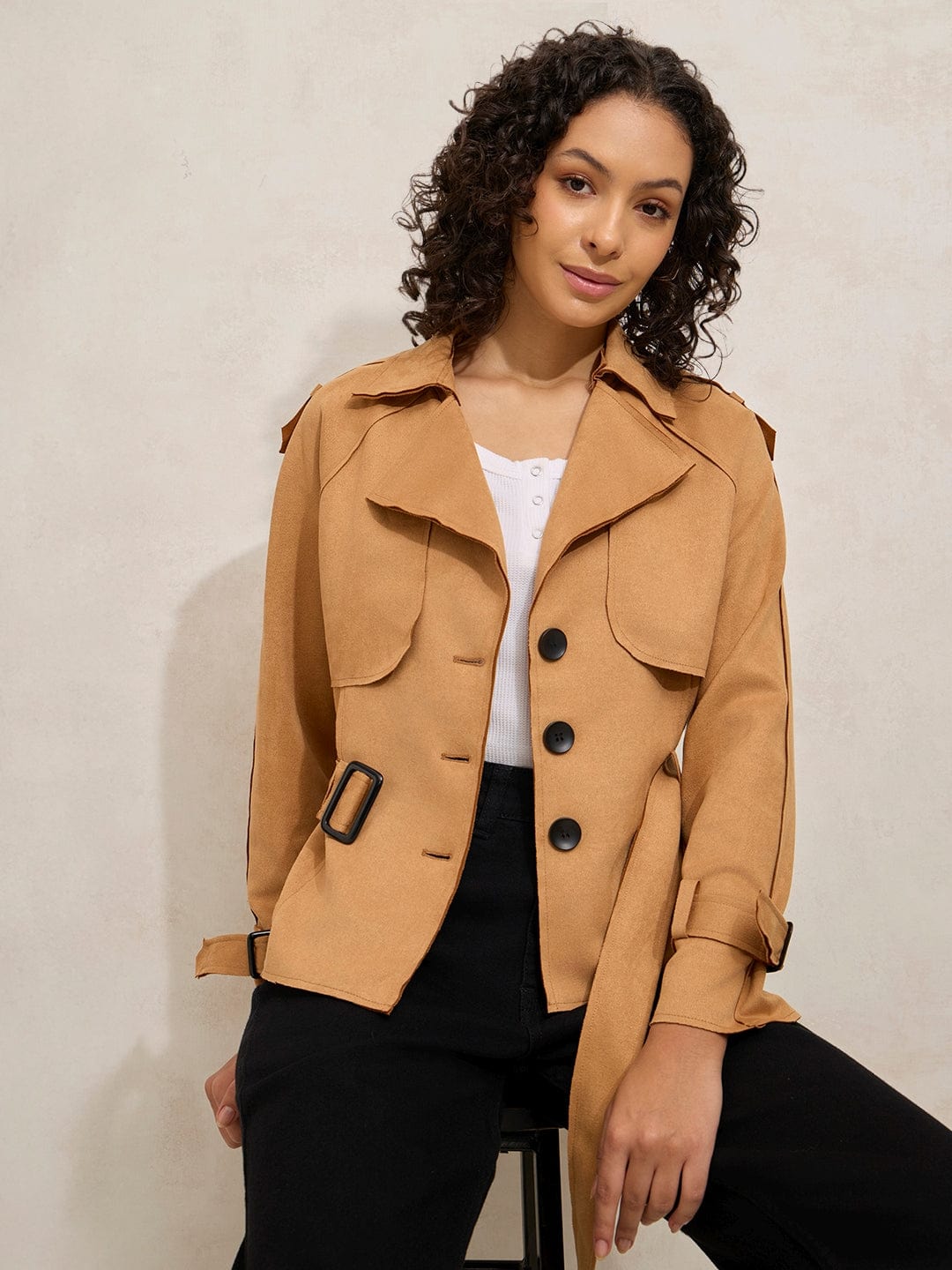 Women's Brown Tailored Jacket with Shoulder Flaps and Belt